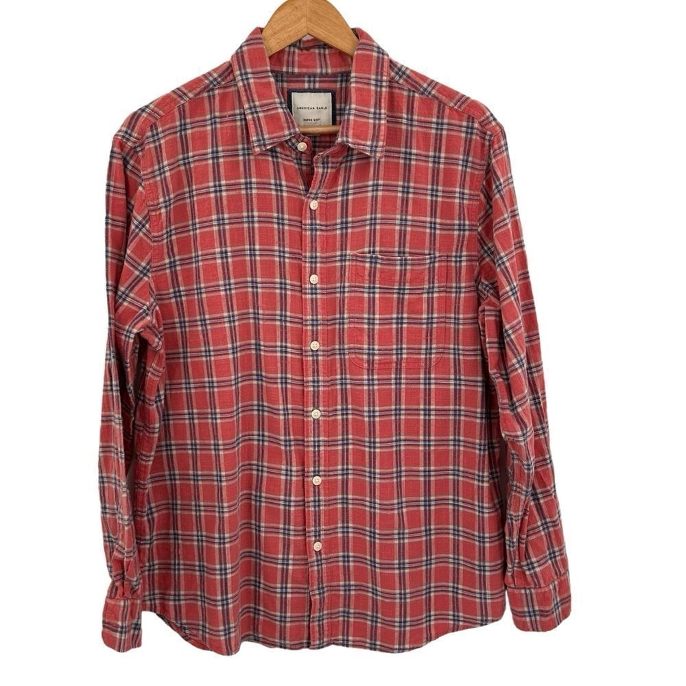American Eagle red plaid super soft flannel button up casual shirt size large